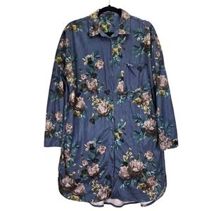 COCO + CARMEN Blue Floral Print Tunic Shirt Dress L/XL Long Sleeve Faux Suede‎